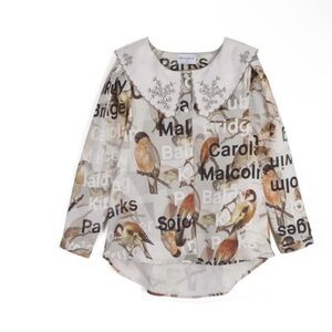 Kids Bird Print Blouse with Embroidered Collar by boutique brand Wolf and Rita